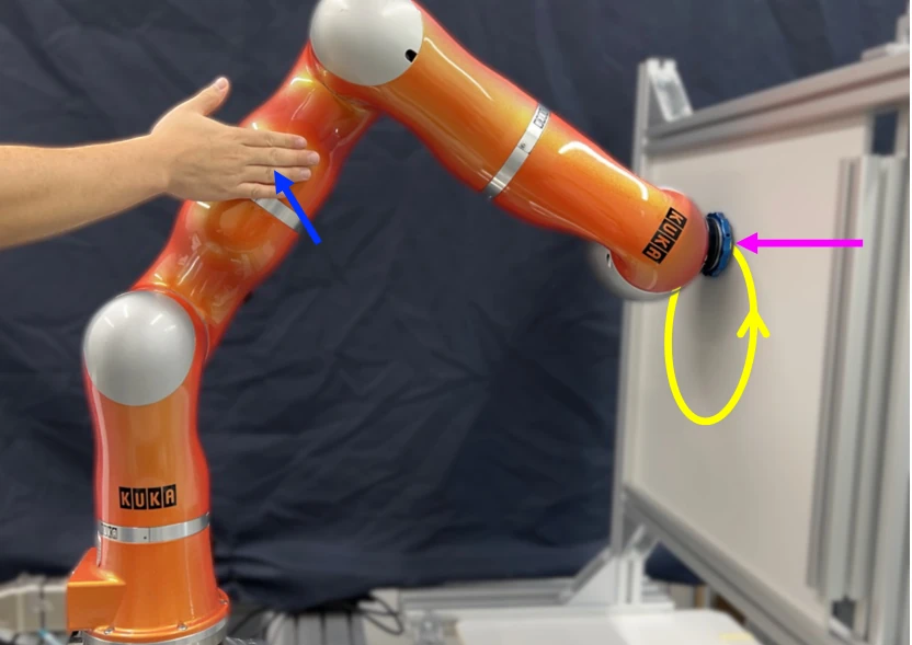 DLR-KUKA robot performing end-effector force control while a person contacts another link