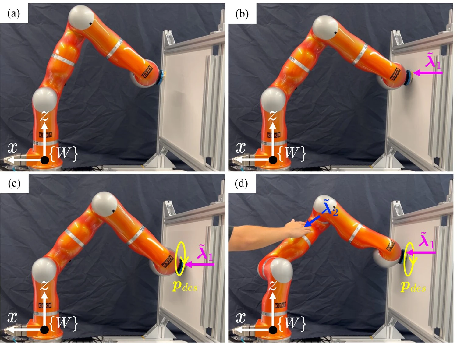 Four stages from initial free motion to hybrid control and an additional human contact